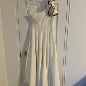 Halston Heritage White One-Shoulder Dress with Black Trim